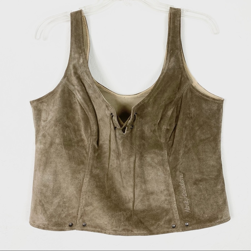 Harley Davidson Vintage 2002 Tan Suede Lace Up Neckline Tank Top